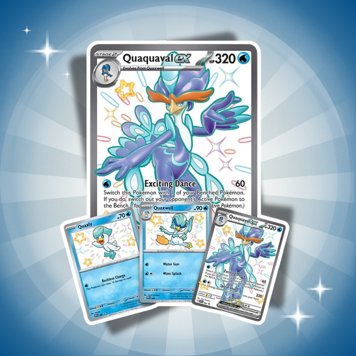 Pokémon Paldean Fates Quaquaval ex Premium Collection Englisch – 8 Booster + 3 Promo-Karten