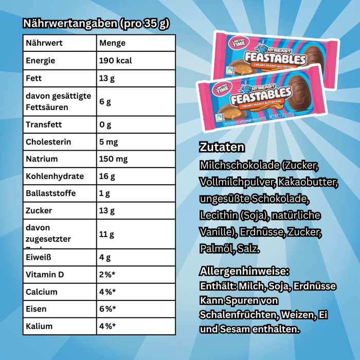1× MrBeast Feastables Creamy Peanut Butter Egg – Milchschokolade mit Erdnussfüllung – 35 g