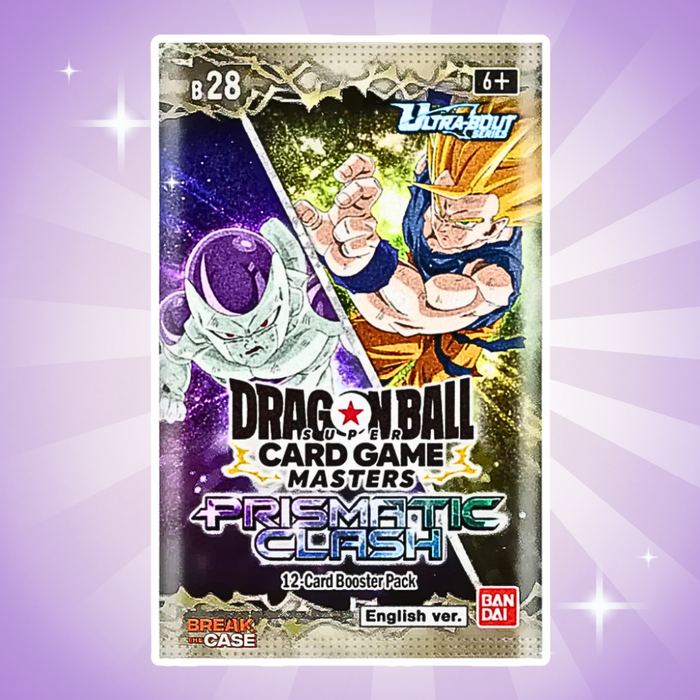 Dragon Ball Super Card Game Prismatic Clash Booster Display Englisch – 24 Boosterpacks B28, je 12 Karten, inkl. Box Topper Energy Marker