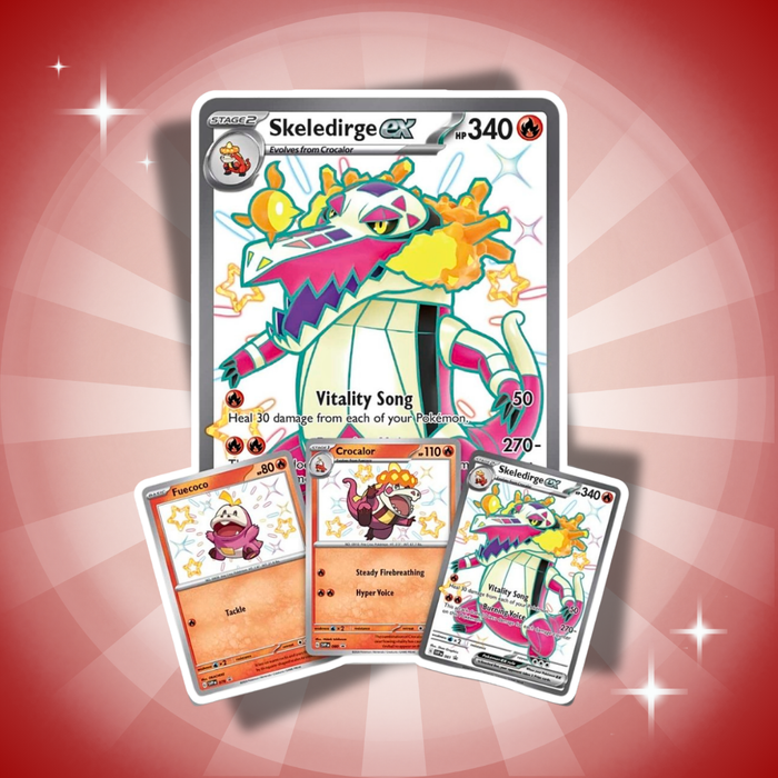Pokémon Paldean Fates Skeledirge ex Premium Collection Englisch – 8 Booster + 3 Promo-Karten
