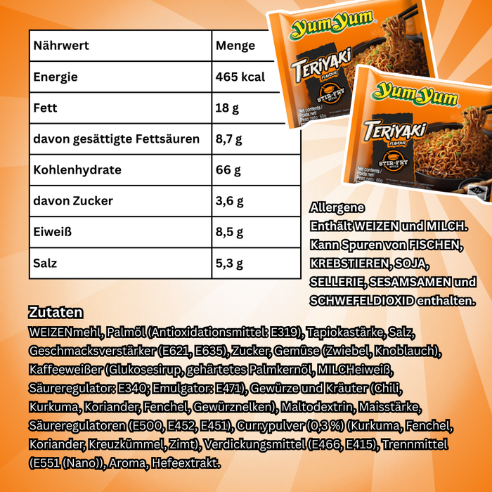 30× Yum Yum Instant Nudeln Teriyaki Flavour – 30 x 60 g – Asiatische Instant-Nudeln mit Teriyaki-Geschmack, 1 Karton