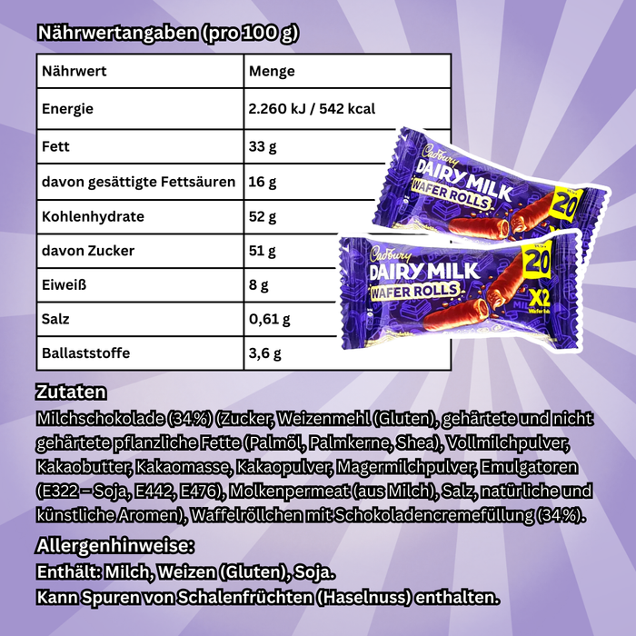 20× Cadbury Dairy Milk Wafer Rolls – Schokoladen-Waffelröllchen, 20×8 g