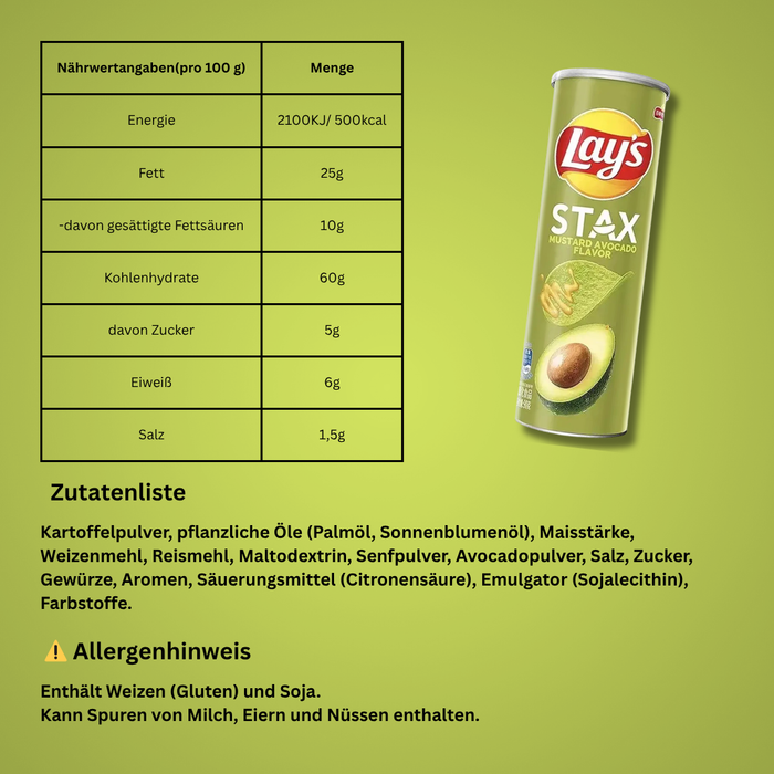 Lay’s Stax Mustard Avocado Chips 90 g - Knusprige Kartoffelchips mit Senf- & Avocado-Geschmack
