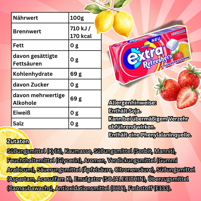 Wrigley's Extra Refreshers Strawberry Lemon Zuckerfreier Kaugummi | 12x17,9g (96 Dragees) | Erdbeer-Zitrone Geschmack