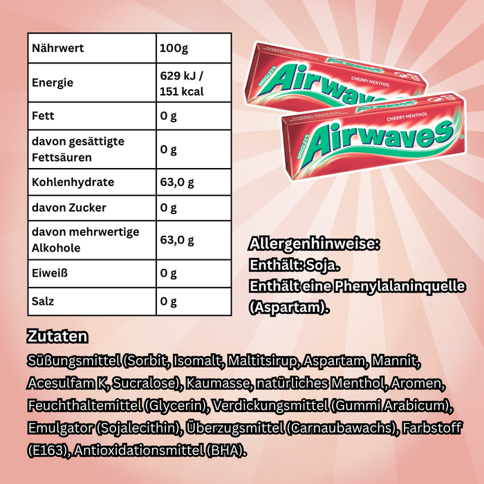 Wrigley's Airwaves Cherry Menthol Kaugummi 30 x 10 Dragees – Zuckerfreier Kaugummi mit Kirsch- und Mentholgeschmack