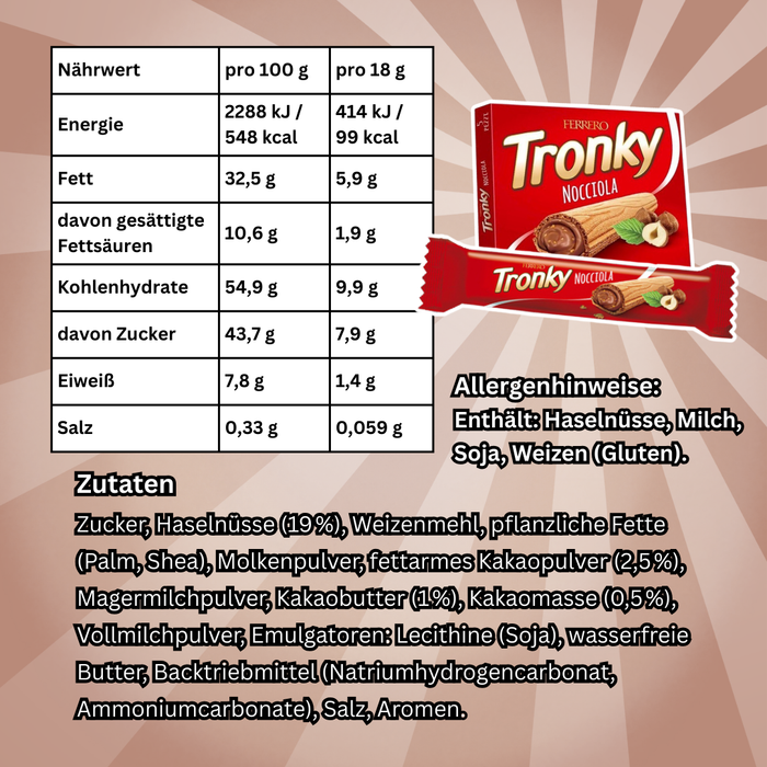 Ferrero Tronky Nocciola – 5×18 g – Haselnuss-Schokoladenriegel