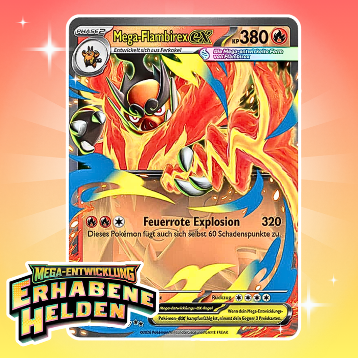 Pokémon ME02.5 Erhabene Helden Mega-EX Kollektion Deutsch – 4 Boosterpacks, Holo Promo Karte & Jumbo Wackelbildkarte, Sammelbox