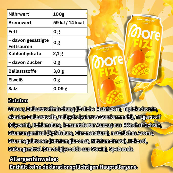 More Nutrition FIZI Ballaststoff Limo Mango 330 ml – Erfrischungsgetränk mit Mangogeschmack