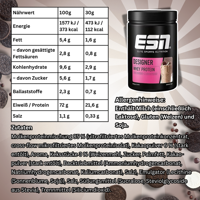 ESN Designer Whey Protein Pulver 908 g Dark Cookie & Cream – Whey Protein Konzentrat & Isolat
