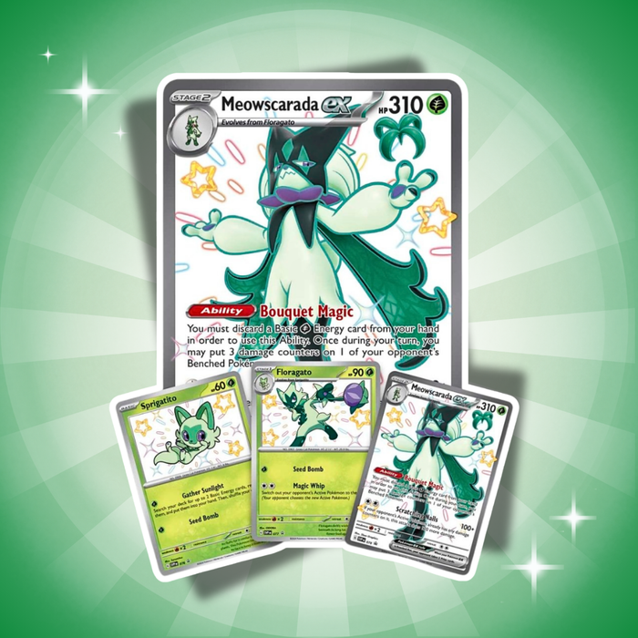 Pokémon Paldean Fates Meowscarada ex Premium Collection Englisch – 8 Booster + 3 Promo-Karten