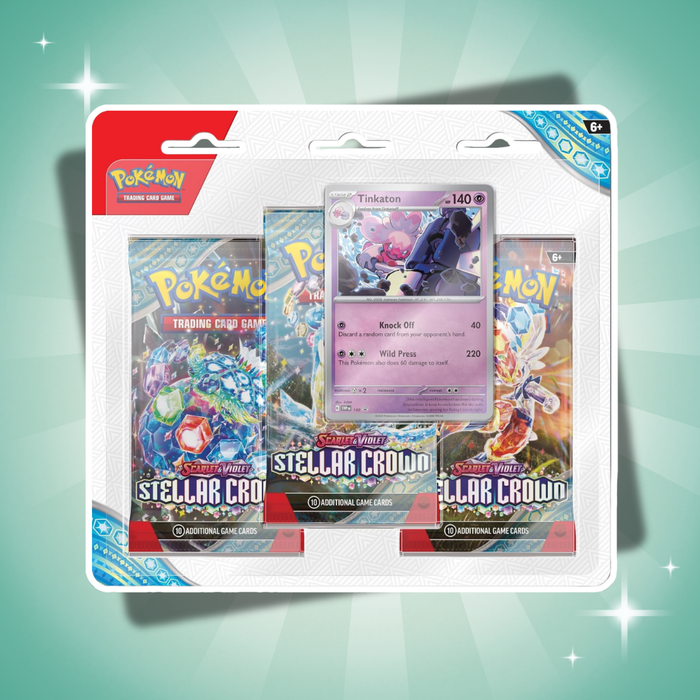 Pokémon Stellar Crown 3er Blister Englisch – 3 Boosterpacks, Promo Karte & Code Karte, Random Design