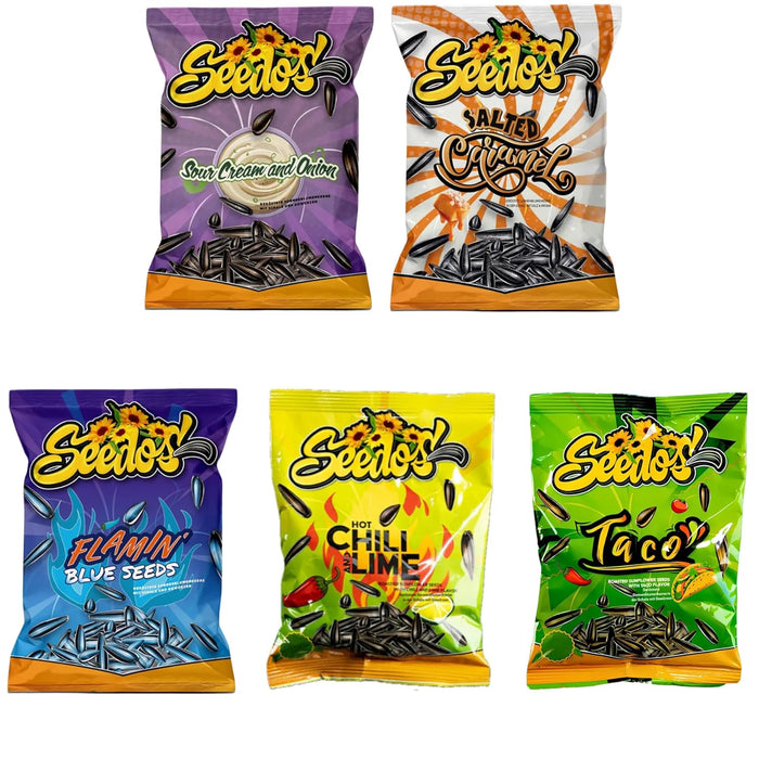 Seedos Sonnenblumenkerne | 5x 100g | High Protein Snack | Natürlich hergestellt | Made in Europe | Geschmacksrichtungen Taco, Sour Cream & Onion, Hot Chili Lime, Salted Caramel & Flamin' Blue Seeds