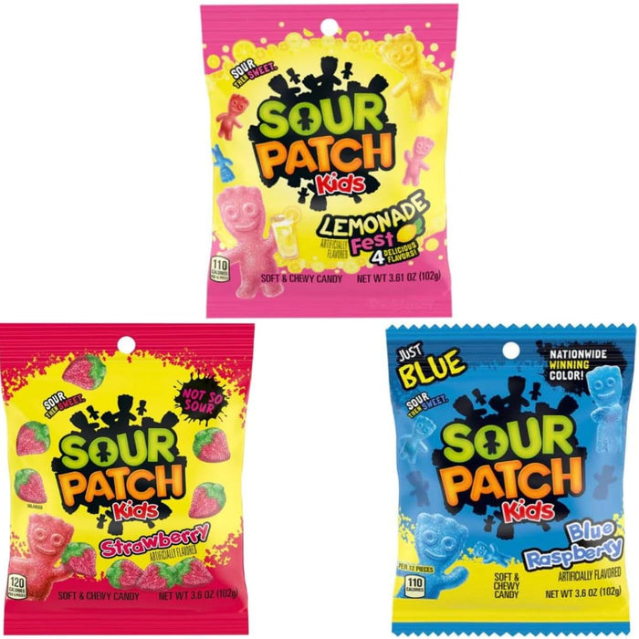 3er Sour Patch Überraschungspaket Saure Gummibärchen – 3×102 g Beutel | 10 mögliche Sorten | Extra sauer & fruchtig