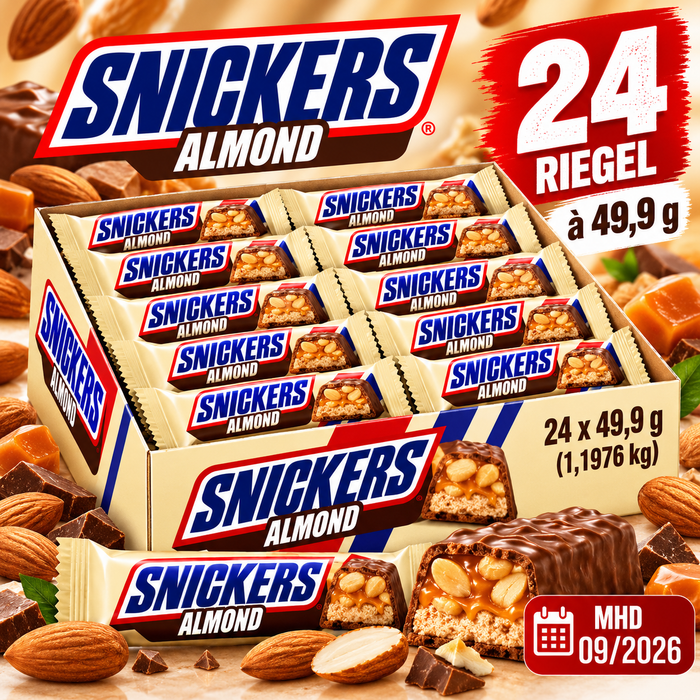 SNICKERS Almond 24 x 49,9 g – Amerikanischer Schokoriegel mit Mandeln, Karamell und Nougat – 24er-Pack – 1,1976 kg