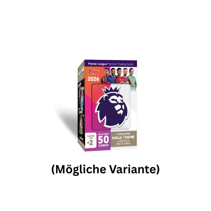 Topps Premier League 2025/26 Super Tin (Hall of Fame Serie) – 50 Trading Cards inkl. 3 exklusive Hall of Fame LE-Karten & 1:10 Chrome King Chance – Debut Edition
