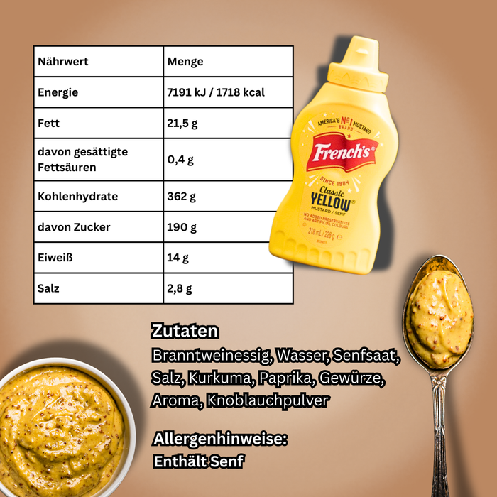 French's Classic Yellow Mustard / Senf – Aromatischer Würziger Senf für Würstchen, Sandwiches & Saucen – 218ml (226g)