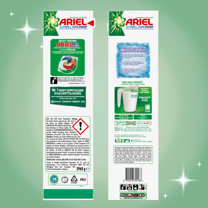 Ariel Universalwaschmittel Pulver Schnell Auflösend – Vollwaschmittel, 72 Waschladungen, Effektiv bei Kaltwäsche