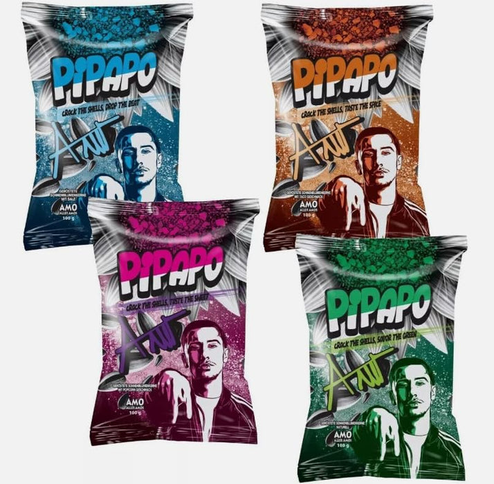 AMO’s PiPAPO Sonnenblumenkerne 4er-Set | 4 Geschmacksrichtungen: Salzig, Natur, Taco & Popcorn | Je 100g | Knuspriger Snack mit Stil