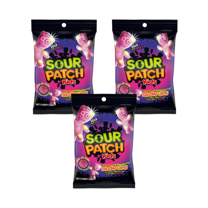3x Sour Patch Kids Strawberry-Watermelon Glow Ups – Saure & süße Gummibonbons mit essbarem Glitzer, leuchten unter Schwarzlicht | 87 g Beutel