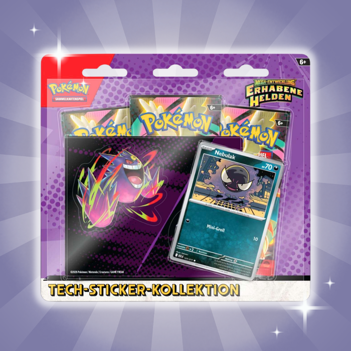 Pokémon ME02.5 – Erhabene Helden Tech Sticker Kollektion (Lila) | 3 Boosterpacks | Deutsch | Mega-Entwicklung