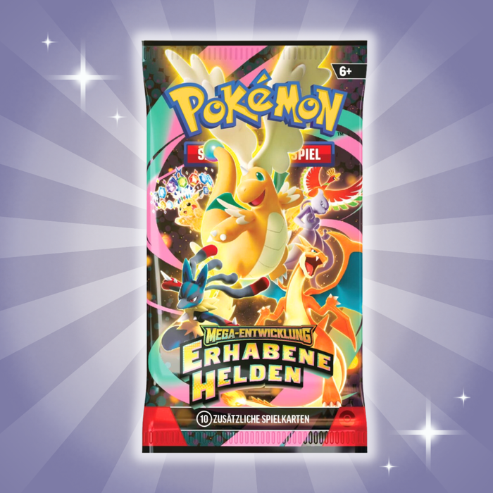 Pokémon ME02.5 – Erhabene Helden Tech Sticker Kollektion (Lila) | 3 Boosterpacks | Deutsch | Mega-Entwicklung