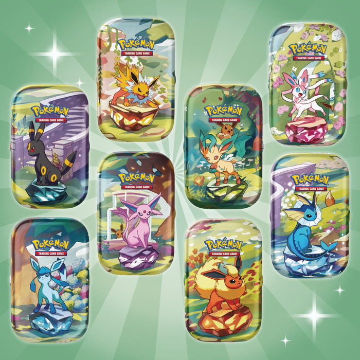Pokémon – Prismatic Evolutions Mini Tin | 1 zufällige Version von 8 | 2 Boosterpacks | Eevee-Münze