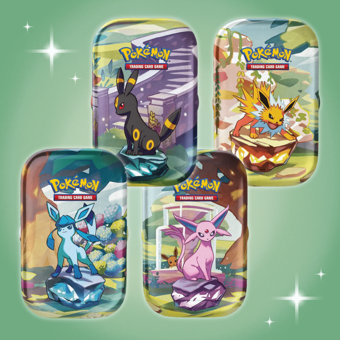 Pokémon – Prismatic Evolutions Mini Tin | 1 zufällige Version von 8 | 2 Boosterpacks | Eevee-Münze