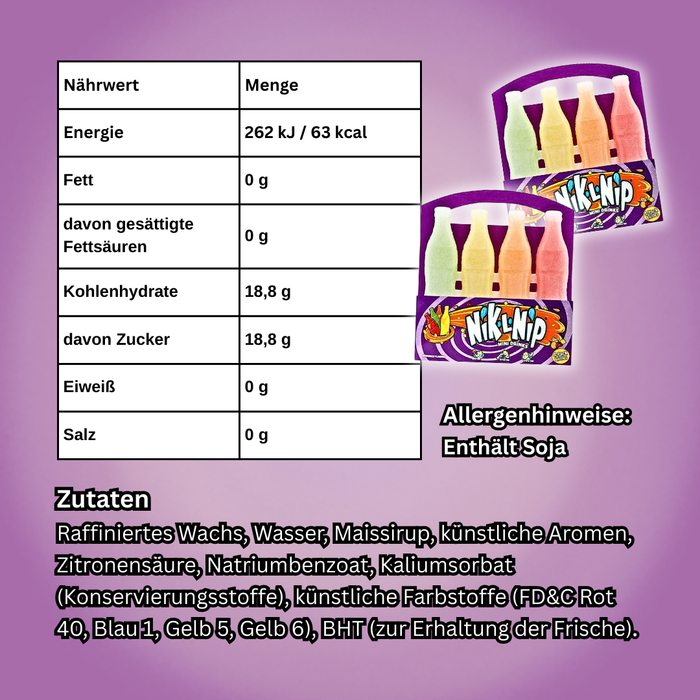 Nik-L-Nip Wachsflaschen – Kult-Süßigkeit mit fruchtiger Füllung | 4 Stück | 39 g