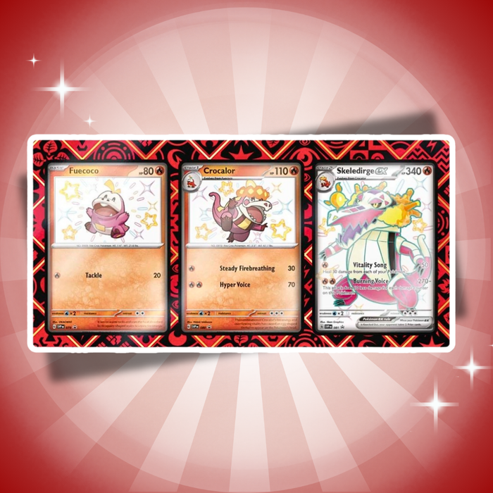 Pokémon Paldean Fates Skeledirge ex Premium Collection Englisch – 8 Booster + 3 Promo-Karten