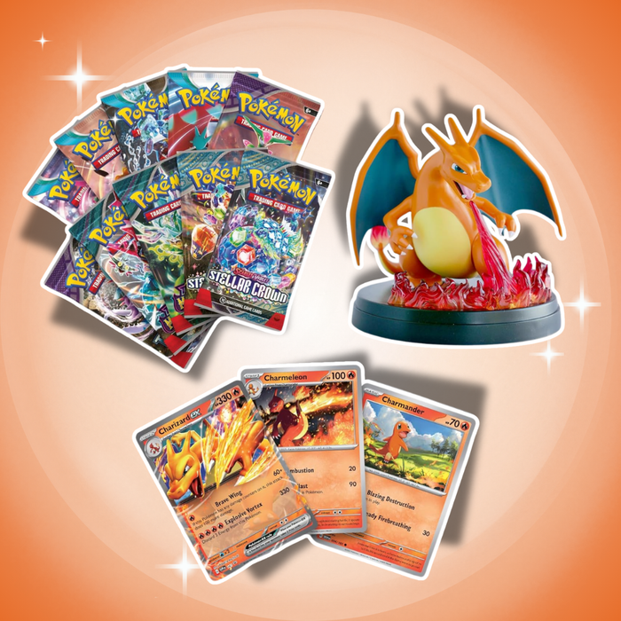 Pokémon Charizard ex Super-Premium Collection Englisch – 10 Booster + 3 Foil-Karten + Figuren-Display
