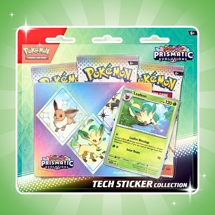 Pokémon Prismatic Evolutions Tech Sticker Collection Englisch – 3 Boosterpacks, Promo Karte & Stickerbogen, Zufällige Auswahl