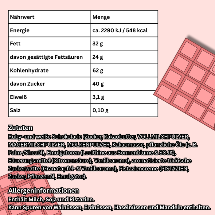 Angel Hair Schokolade Pinky – Ruby & Weiße Schokolade mit Zuckerwatte & Pistaziencreme | 190 g