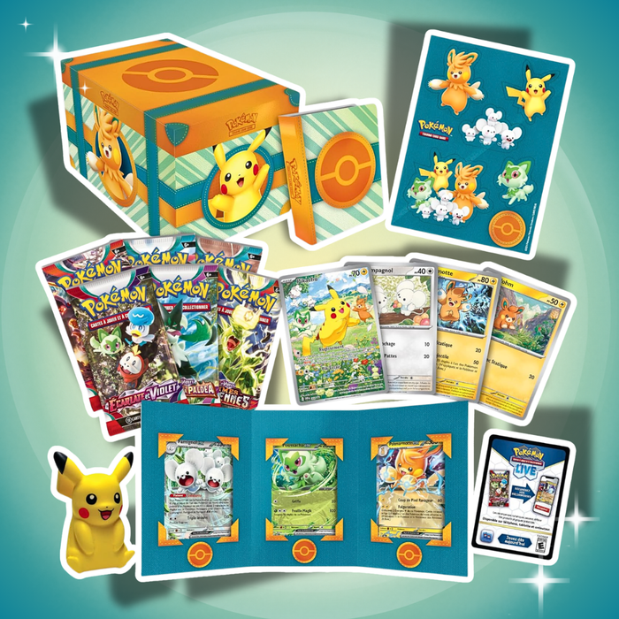 Pokémon Paldea Adventures Chest Englisch – 6 Booster + 7 Holo-Karten + Pikachu-Figur