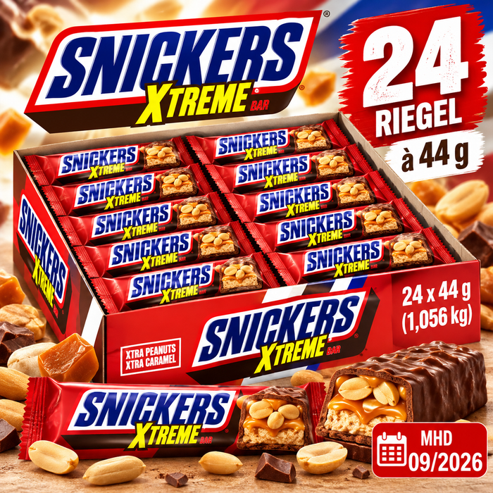 SNICKERS Xtreme 24 x 44 g – Amerikanischer Schokoriegel mit extra vielen Erdnüssen, Karamell und Milchschokolade – 24er-Pack – 1,056 kg