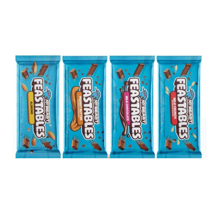 Mr Beast Feastables Schokoladenriegel | 4er-Pack: Peanut Butter, Milk Chocolate, Milk Crunch & Almond | 4 x 60g | Hochwertige Zutaten & unwiderstehlicher Geschmack