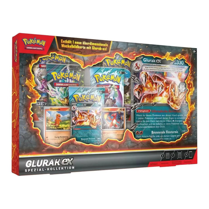 Pokémon Glurak‑ex Spezial‑Kollektion – Deutsch | 1 Promo‑Glurak‑ex + 2 Glumanda/Glutexo Holos + 5 Booster + XXL‑Wackelkarte + Heartforcards® Versandschutz