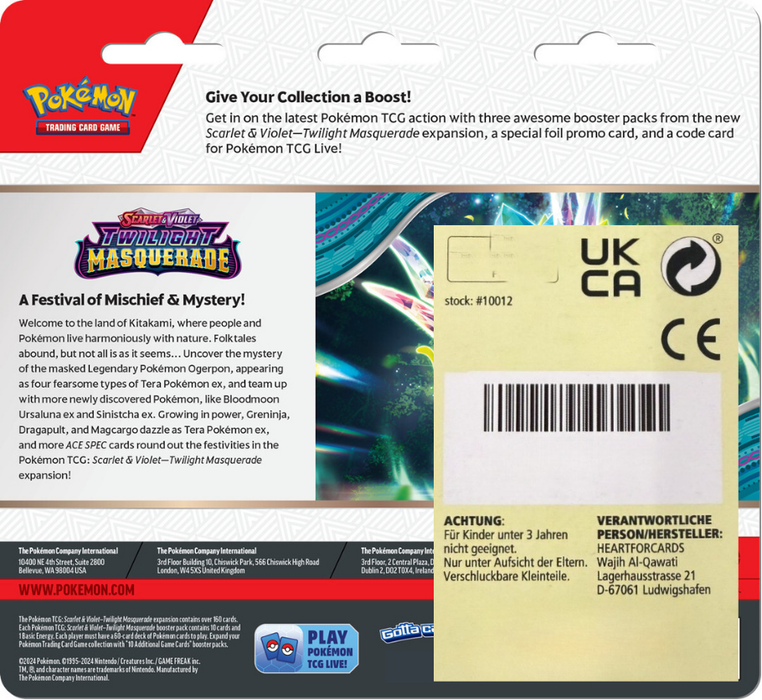 Pokémon Scarlet & Violet Twilight Masquerade 3-Pack Blister – Englisch, 3 Boosterpacks + Promo Karte