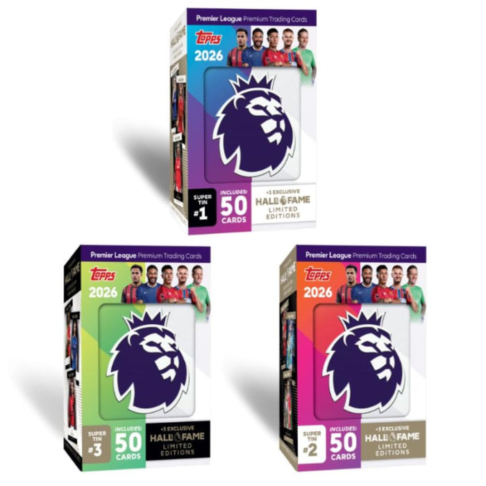 Topps Premier League 2025/26 Super Tin (Hall of Fame Serie) – 50 Trading Cards inkl. 3 exklusive Hall of Fame LE-Karten & 1:10 Chrome King Chance – Debut Edition