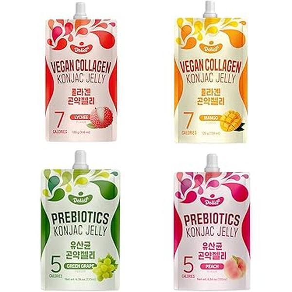 4 x Vegan Collagen Konjac Jelly（Pfirsich, Mango, Grüne Traube, Traube) 7 kcal pro Beutel | Glutenfrei, Pflanzlich, Low-Carb Snack | 120 g / 130 ml pro Beutel | Ohne Zuckerzusatz