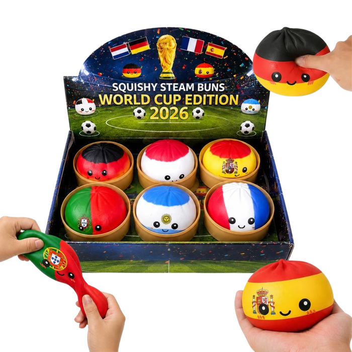 World Cup Mystery Squishy Bun 8,5 cm – Zufällige Länderflagge Blind Box – XXL Anti Stress Ball im Bambus Dampfkorb