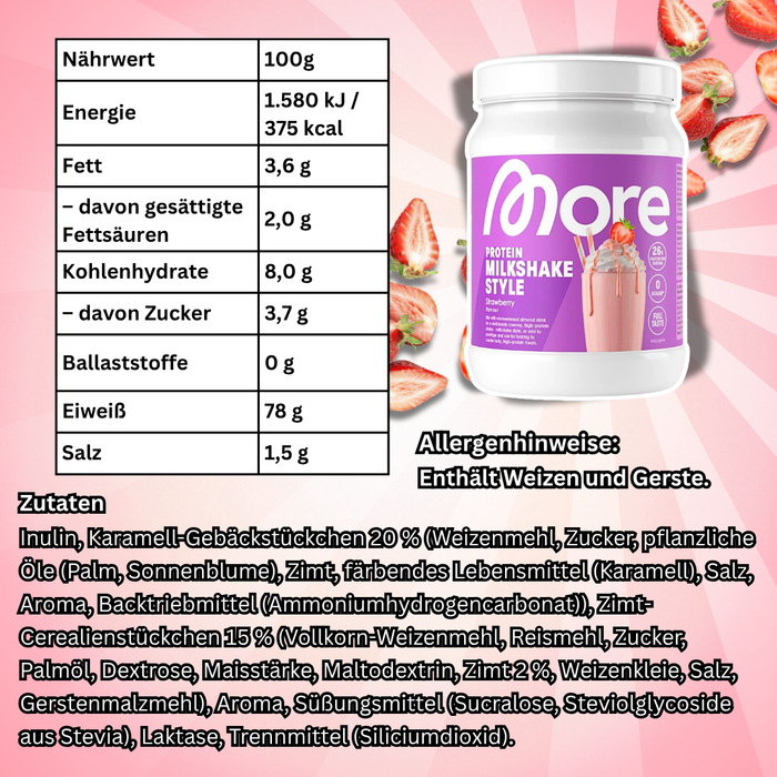 MORE Protein Milkshake Style Erdbeere 360 g – Cremiges Proteinpulver mit Erdbeergeschmack