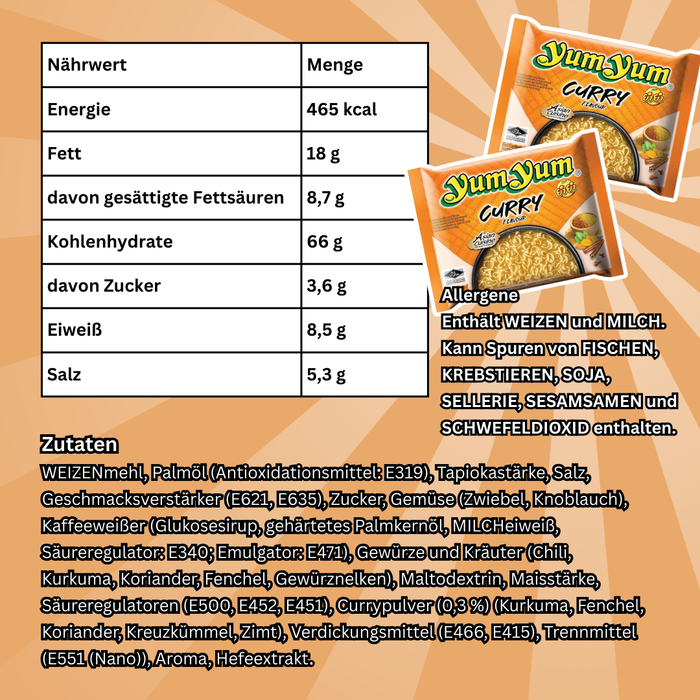 10x Yum Yum Instant Nudeln Curry Geschmack – Würzige Asia-Nudelsuppe, Schnelle Zubereitung, 10x60 g