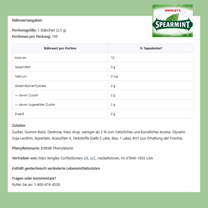 1x Wrigley’s Spearmint Chewing Gum – 15 Sticks – 1 Packung