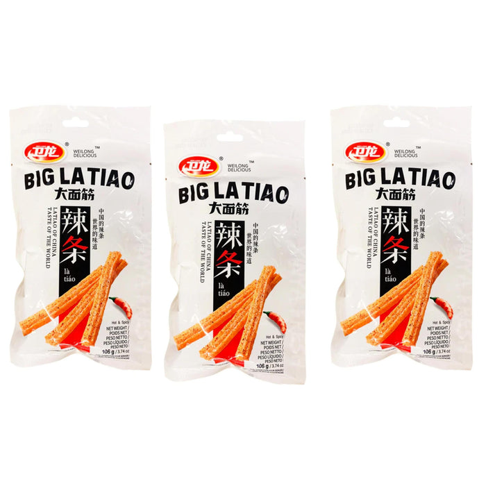 WEILONG Big Latiao 3 x 106g | Scharfer Weizensnack | Hot & Spicy | Würzige Chinesische Snacks | Spicy Sticks Scharfe Stangen Vegan Halal