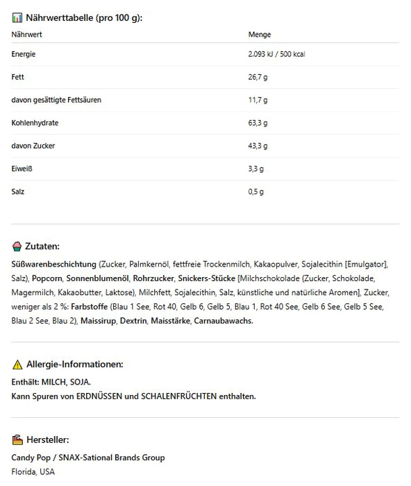 Candy Pop Snickers Popcorn – 3er Pack (3 x 28 g) – Knuspriges Popcorn mit Snickers-Stücken – Süß-salziger US-Snack