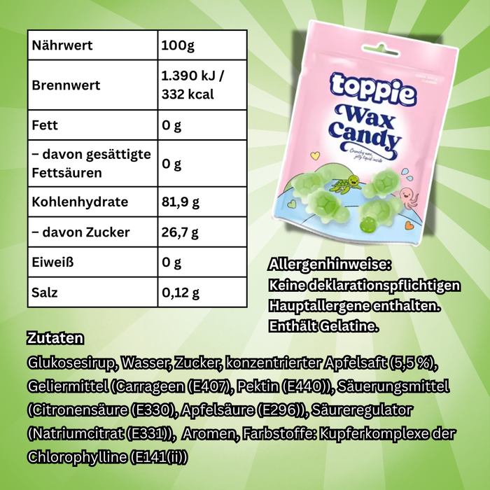 1x Toppie Wax Candy 40 g – Flüssige Süßigkeit in Wachshülle (Blueberry, Strawberry oder Green Apple) – Zufällige Sorte
