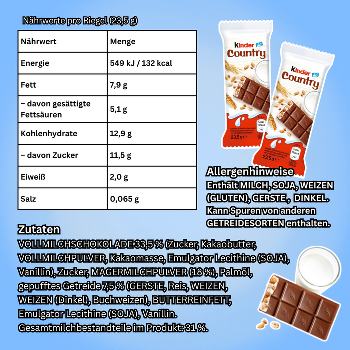 Ferrero Kinder Country – 20er Pack (20×23,5 g) Milchschokolade mit gepufftem Getreide