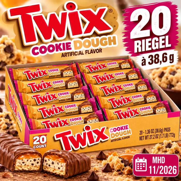 TWIX Cookie Dough 20 x 38,6 g – Amerikanische Schokoriegel mit Cookie-Dough-Geschmack, Keksstückchen und Milchschokolade – 20er-Pack – 772 g