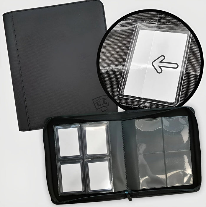 TCG Guru Xenon Premium Toploader-Sammelalbum – Schwarzer 4-Pocket Ordner mit Reißverschluss (Für 112 Karten)