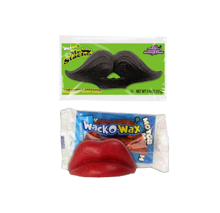 Wack-O-Wax Set – 1x Wachs-Schnurrbart & 1x Wachs-Lippen | Lustige Kausüßigkeit mit Kirsch- & Traubengeschmack | Kult-Süßigkeit aus den USA | Perfekt für Partys, Halloween & Spaßmomente